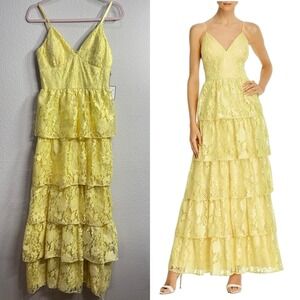 Laundry by Shelli Segal Lace Maxi Dress Size 2 XS Small yellow Tiered Ruffle NWT